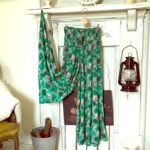 Tropical silk palm boho wide leg palazzo pants